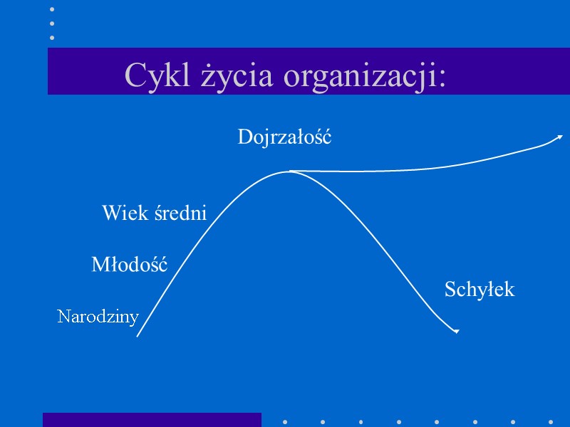 Cykl życia organizacji: Narodziny Młodość Wiek średni Dojrzałość Schyłek